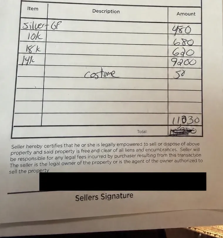 Redacted Warren Exchange purchase receipt shown with the customer's identifying information concealed.