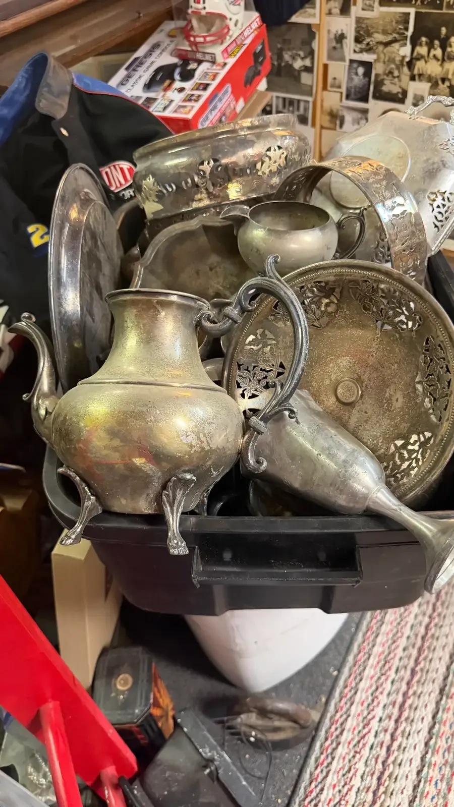Mixed sterling silver and silver-plated serving pieces brought to Warren Exchange.
