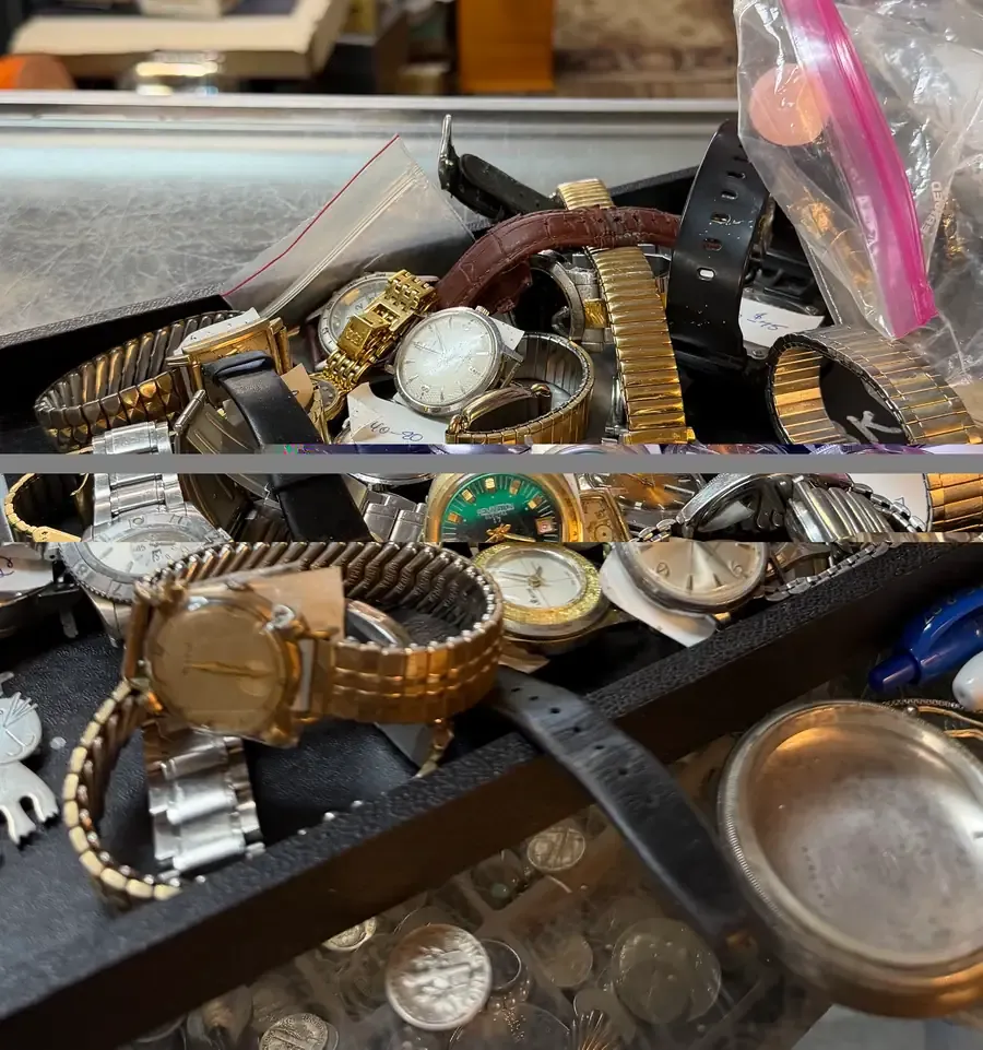 Collection of vintage wristwatches and pocket watches brought to Warren Exchange in Warren, Rhode Island for evaluation.